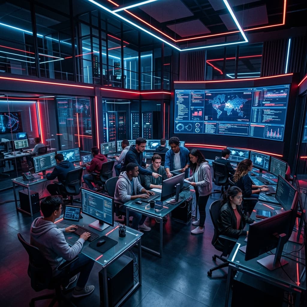 Students working together in a security operations classroom